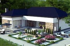 Одноэтажный дом с четырехскатной кровлей с открытой гостиной