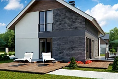 Комфортный проект мансардного дома с панорамным остеклением в гостинной