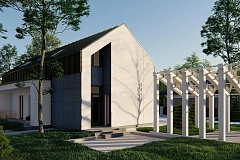 Проект дома для узкого участка с мансардой, большой гостиной и боковой террасой.