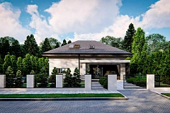 Дом с мансардой, гаражом на одну машину и четырехскатной кровлей