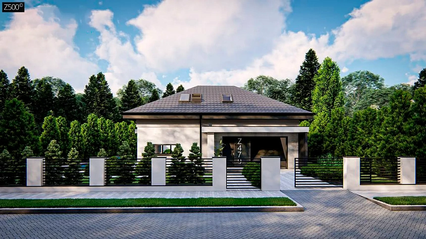 Дом с мансардой, гаражом на одну машину и четырехскатной кровлей