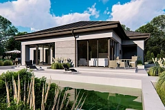 Одноэтажный современный проект дома с многоскатной крышей и гаражом на две машины.