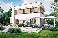 Современный элегантный дом с гостиной с фронтальной стороны.