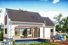 Компактный дом с гаражом для одной машины, с большими окнами в гостиной.