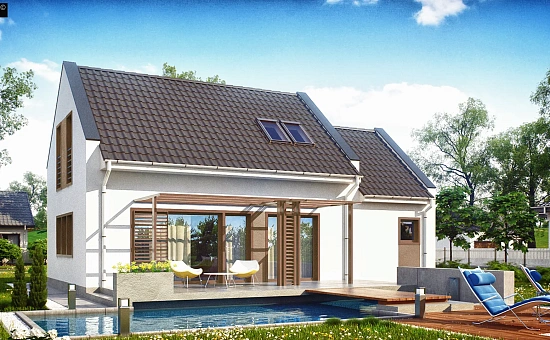 Компактный дом с гаражом для одной машины, с большими окнами в гостиной.