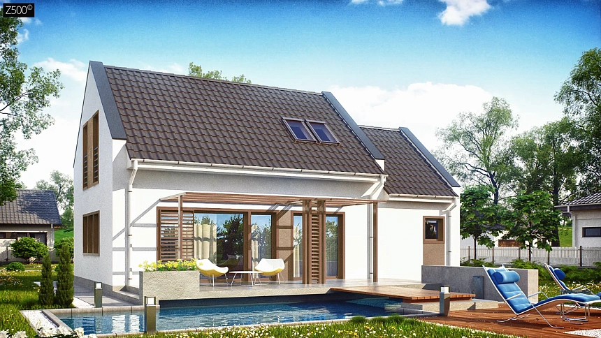 Компактный дом с гаражом для одной машины, с большими окнами в гостиной.