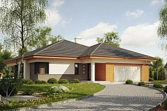 Одноэтажный просторный дом с эркером и крытой террасой.