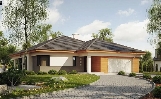 Одноэтажный просторный дом с эркером и крытой террасой.