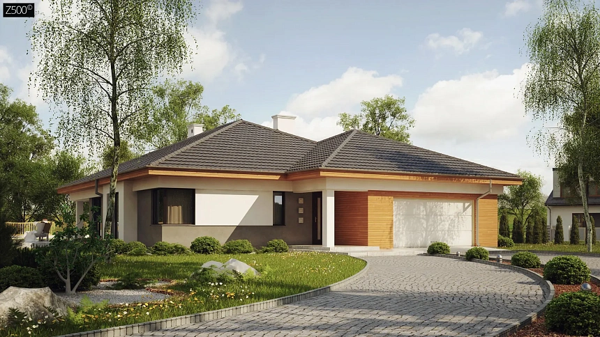 Одноэтажный просторный дом с эркером и крытой террасой.