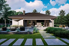 Компактный одноэтажный дом на фасаде с камнем и плитами.