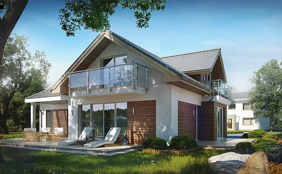 Дом в традиционном стиле &-34;L&-34;-образной формы с гаражом и фасадным окном.