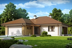 Проект удобного одноэтажного дома с гаражом для двух автомобилей и большим хозяйственным помещением.