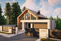 Дом с мансардой, двускатной крышей и большим остеклением.