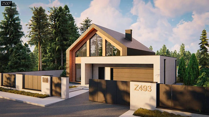 Дом с мансардой, двускатной крышей и большим остеклением.