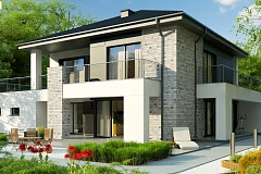 Коттедж в современном стиле с гаражом на две машины и террасой на втором этаже