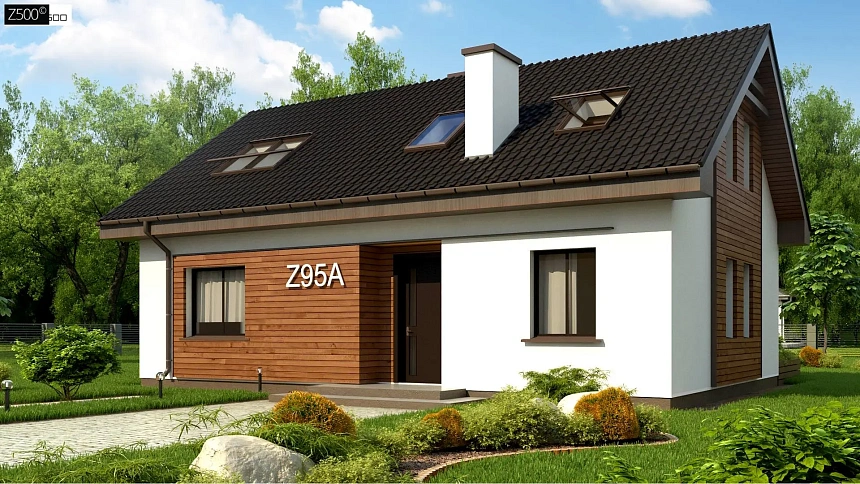 Мансардный дом, с деревом на фасадах и кабинетом на первом этаже.