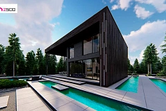 Современный двухэтажный дом с плоской кровлей и навесом для автомобиля