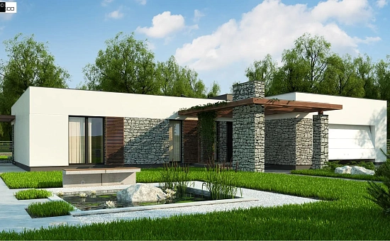 Современный одноэтажный дом с двойным гаражом и плоской крышей