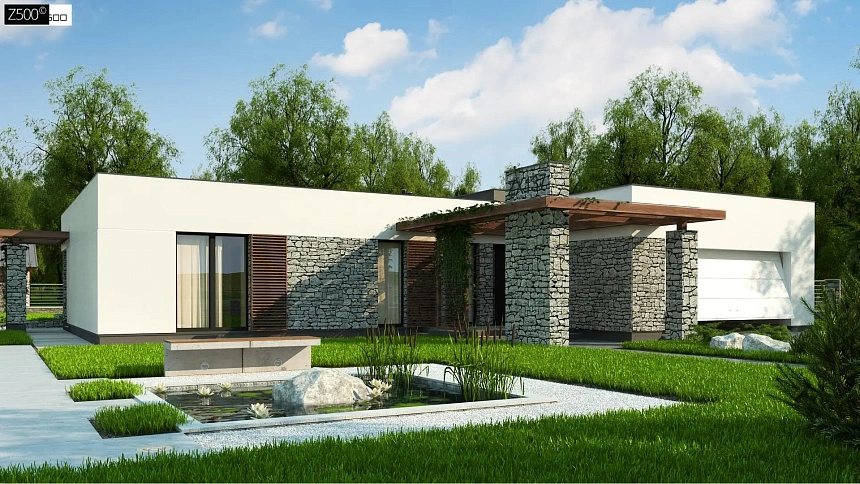 Современный одноэтажный дом с двойным гаражом и плоской крышей