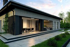 Проект дома с одноуровневой оригинальной планировкой и современным экстерьером.