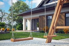 Проект комфортного одноэтажного дома с оригинальными фасадными окнами на чердаке.