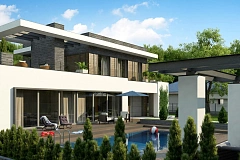 Стильный дом в современном стиле с просторной террасой на втором этаже.