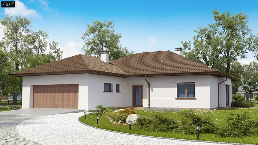 Удобный функциональный одноэтажный дом с гаражом для двух автомобилей.