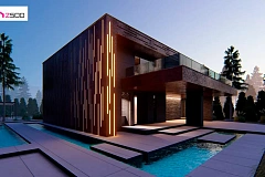 Современный двухэтажный дом с плоской кровлей и навесом для автомобиля