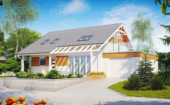 Дом со входом с южной стороны, с большой террасой на втором этаже.