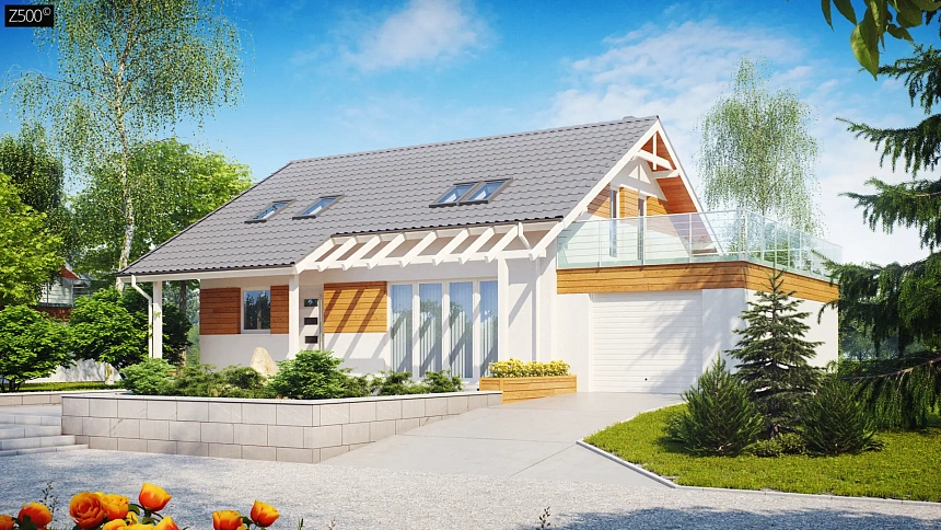 Дом со входом с южной стороны, с большой террасой на втором этаже.