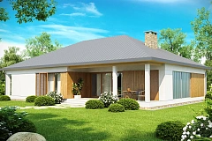 Проект практичного одноэтажного дома с фронтальным выступающим гаражом и крытой террасой.