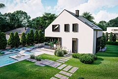 Современный дом с мансардой и двускатной крышей