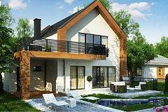 Современный дом с двускатной крышей и гаражом для одного авто