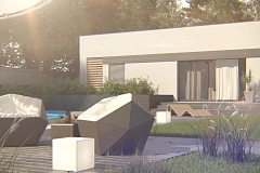 Современный одноэтажный дом хай-тек с навесом для автомобиля