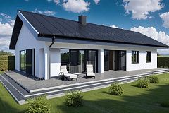 Одноэтажный дом с 2ускатной кровлей и 3мя спальнями.