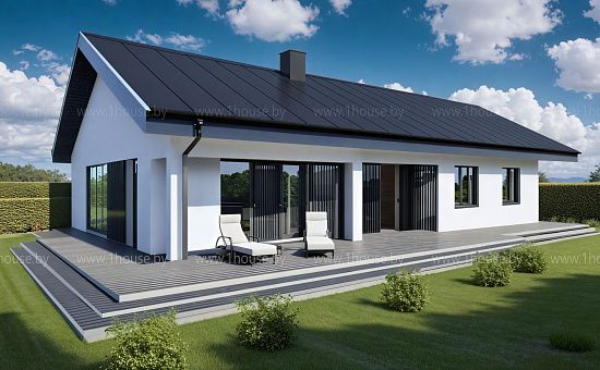 Одноэтажный дом с 2ускатной кровлей и 3мя спальнями.