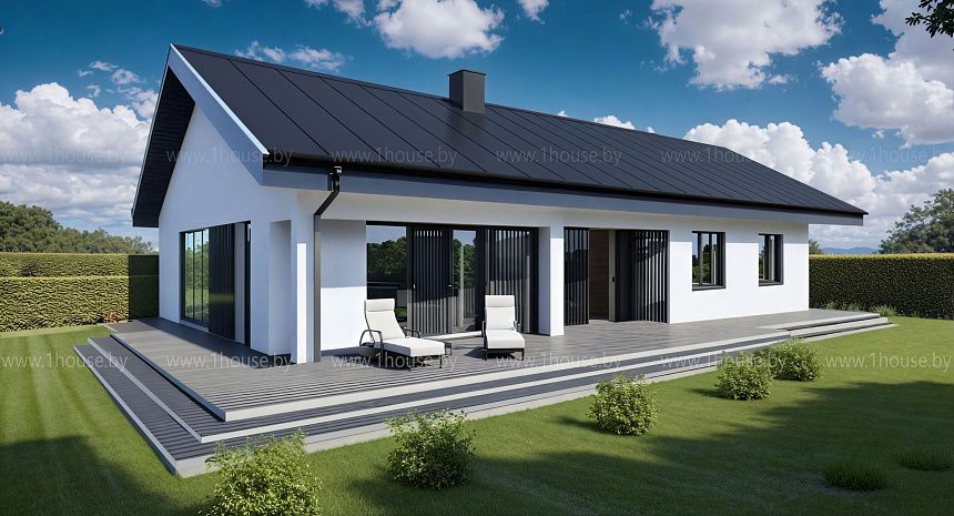 Одноэтажный дом с 2ускатной кровлей и 3мя спальнями.