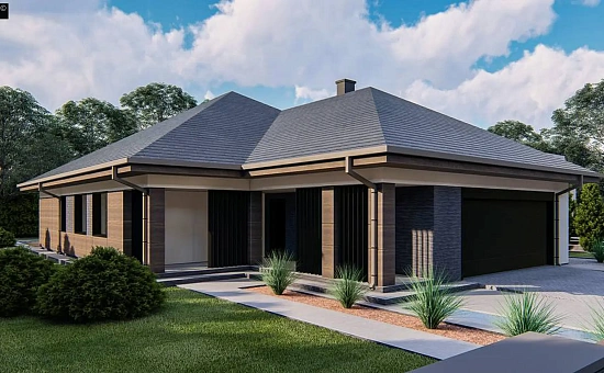 Cовременный одноэтажный дом с многоскатной кровлей и гаражом на две машины