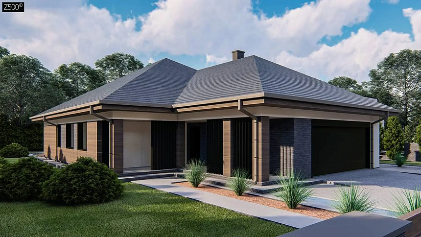 Cовременный одноэтажный дом с многоскатной кровлей и гаражом на две машины