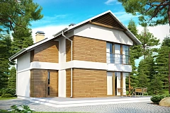 Компактный двухэтажный дом с большими окнами, подходящий для узкого участка.