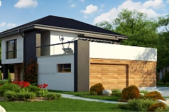 Проект двухэтажного коттеджа с низкой четырехскатной кровлей и большой террасой на втором этаже