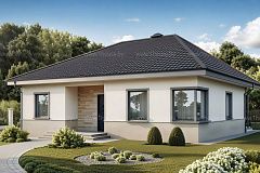 Практичный одноэтажный дом с 4-х скатной кровлей и угловым окном в кухне.