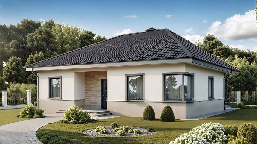 Практичный одноэтажный дом с 4-х скатной кровлей и угловым окном в кухне.