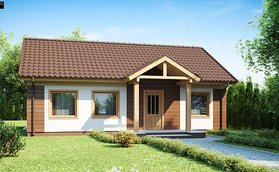 Аккуратный одноэтажный дом простой формы с двускатной крышей.