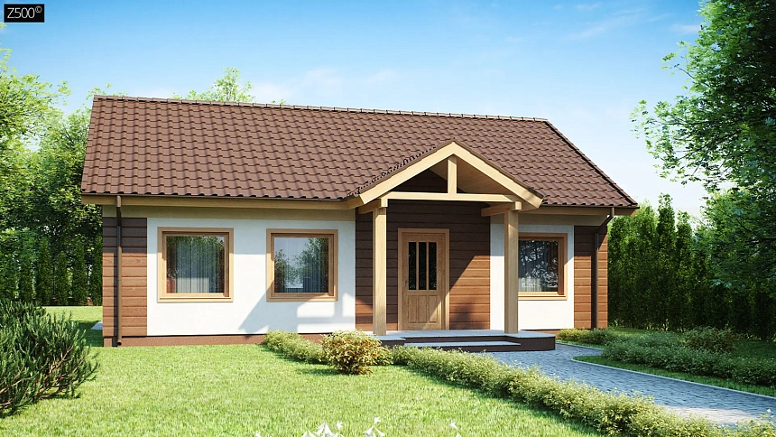 Аккуратный одноэтажный дом простой формы с двускатной крышей.