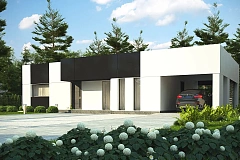 Проект современного одноэтажного дома с черно-белыми фасадами и открытым гаражом на 2 машины