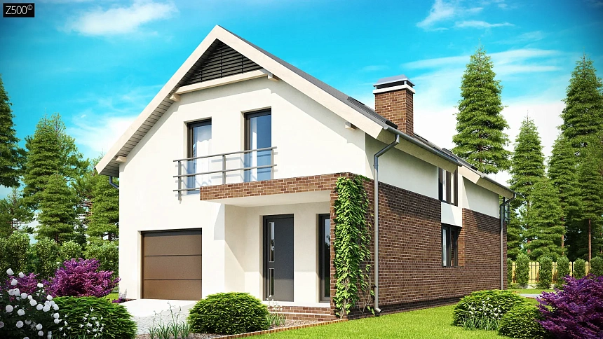 Дом в традиционном стиле&nbsp;&nbsp;с мансардой, со встроенным гаражом, подходящий для узкого участка.