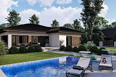 Современный одноэтажный дом с многоскатной крышей и гаражом на две машины.