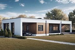 Одноэтажный современный дом с плоской кровлей и навесом под 2 авто.