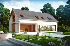Удобный дом простой формы с двускатной кровлей, с гаражом для двух авто.